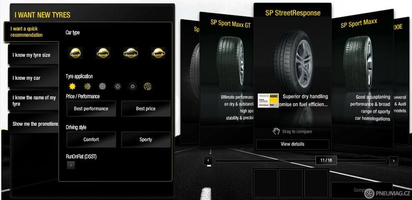 Výběr pneumatik na webu Dunlopu je graficky příjemný. Foto: www.dunlop.eu